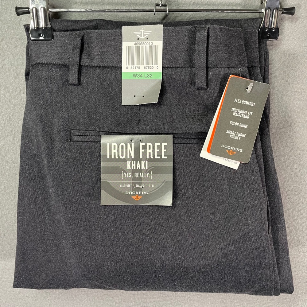 Dockers Iron Free Khaki Pants Mens 34x32 Gray Classic Fit Flat Front‎ NWT D3